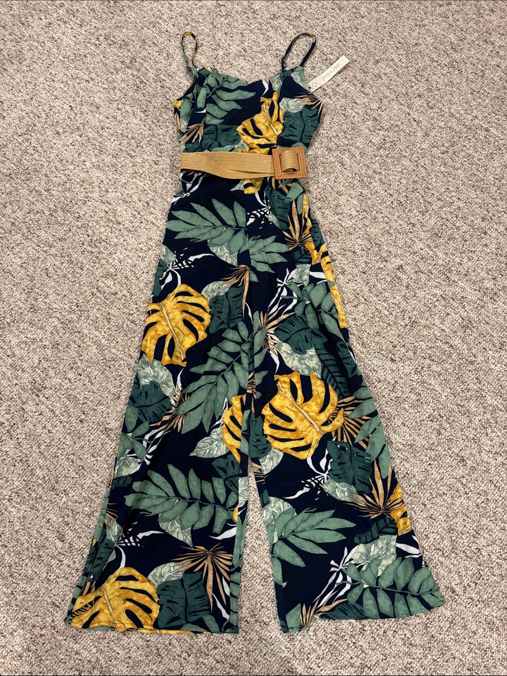 She + Sky Tropical Wide-Leg Jumpsuit with Belt - Black, Green & Yellow